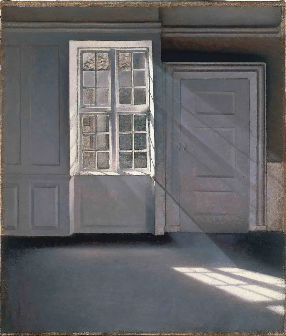 Vilhelm Hammershoi, Dust Motes Dancing in the Sunbeams (1900): a sunlit empty room, dust motes drifting in the beams of light.